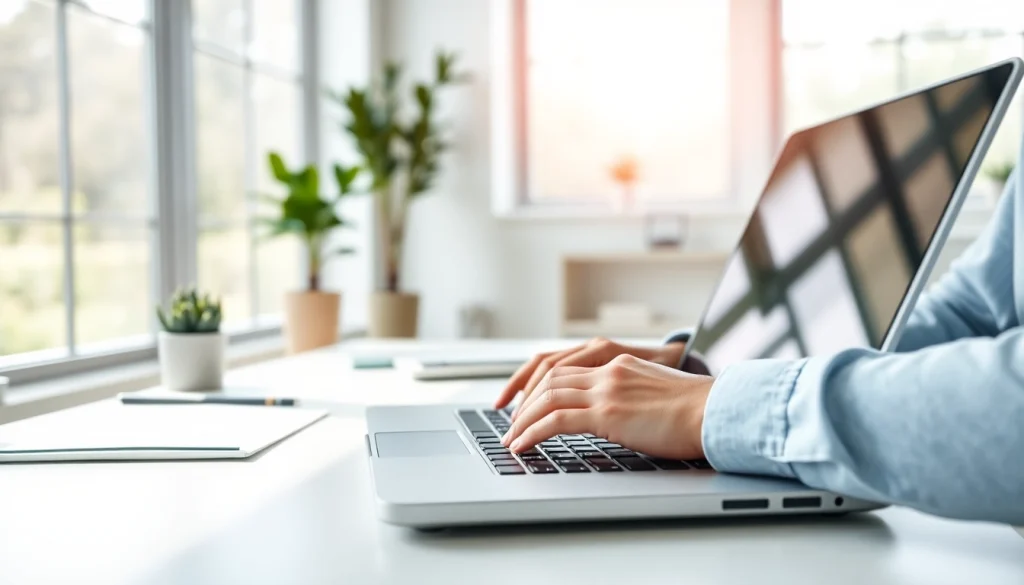 Craft a compelling Cover Letter while typing on a laptop in a bright office.