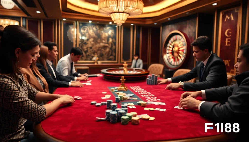 Immersive gaming experience at เจ้ามือรับแทง F168 with luxurious poker tables and engaged players.