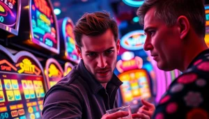 Slot bet 50 dengan pemain bersemangat bermain mesin slot di kasino.