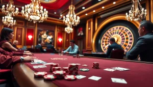 Engaged players strategizing at a poker table, epitomizing the thrilling experience of 33win 2 in a luxurious casino setting.