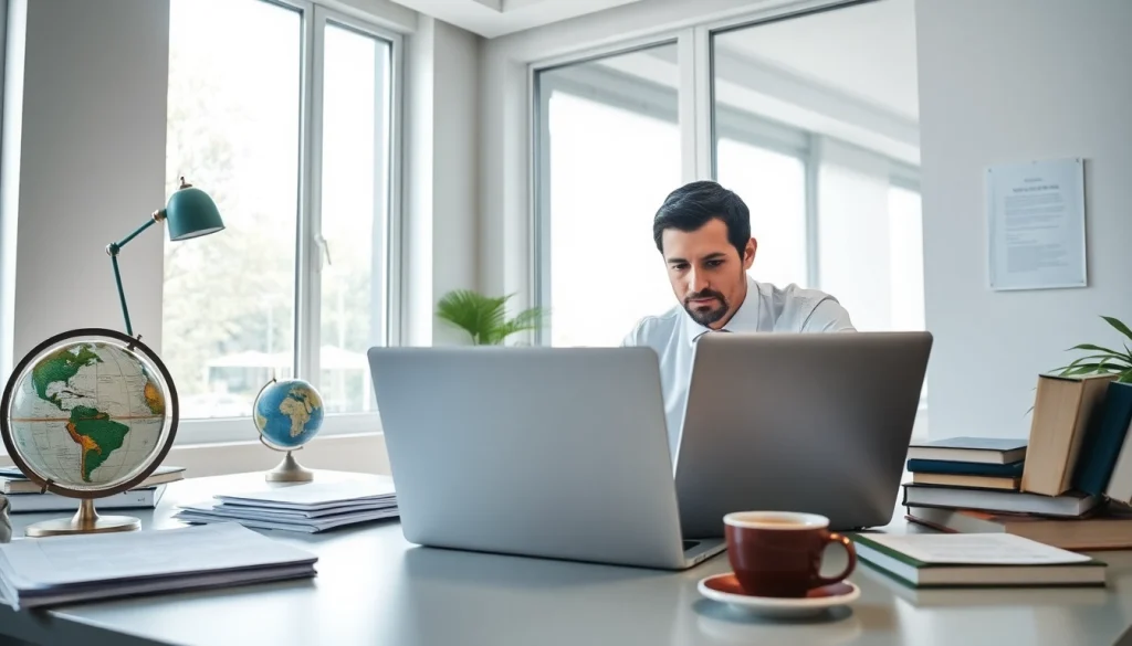 traducteur assermenté allemand travaillant avec diligence à un bureau de traduction entouré de documents et de ressources.