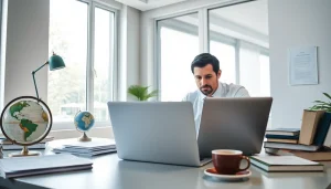 traducteur assermenté allemand travaillant avec diligence à un bureau de traduction entouré de documents et de ressources.