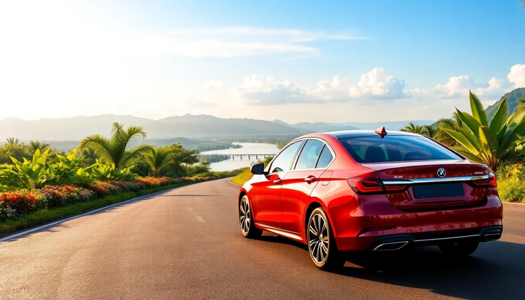 Car hire in Kuching scene with modern car and tropical backdrop.