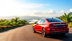 Car hire in Kuching scene with modern car and tropical backdrop.