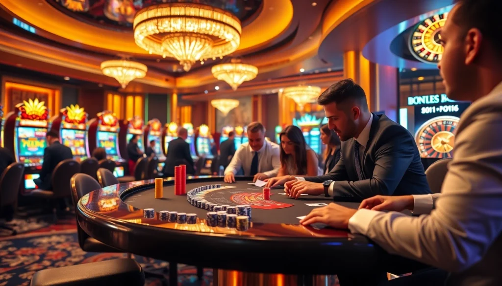 Người chơi Bet VIP thưởng thức các trò casino sống động trên bàn cao cấp với các đồng chip nhiều màu và máy đánh bạc phát sáng