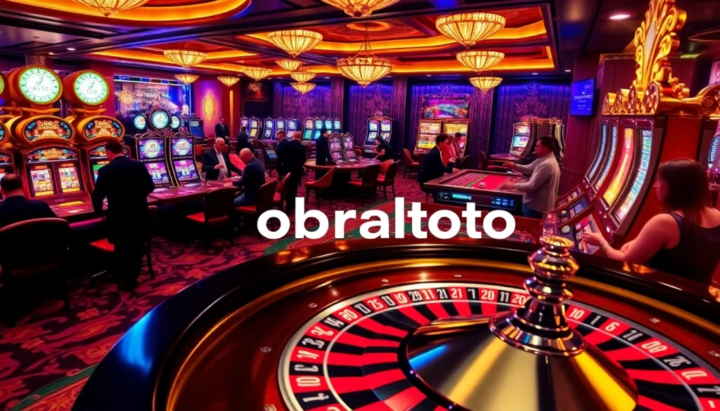 Berinteraksi dengan adegan kasino obraltoto yang dinamis yang menampilkan roulette, mesin slot, dan kegembiraan bermain poker.