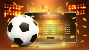 sports-betting-orange-banner-for-website-with-tablet-and-football-ball-on-background-with-stadium-arena-with-spotlights-vector