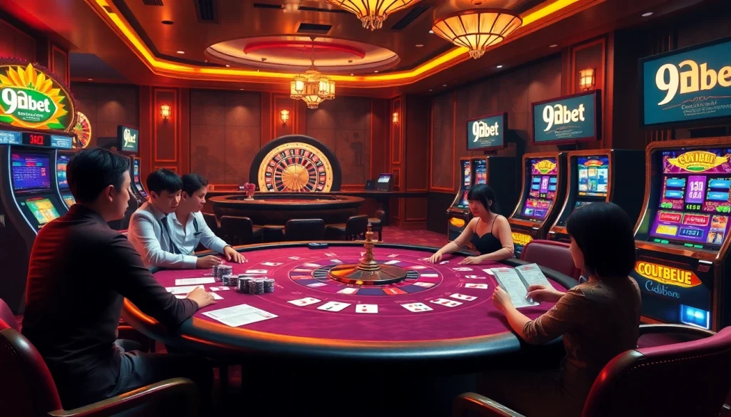 Experience thrilling casino action with 9Dbet's poker table, roulette, and vibrant slot machines.