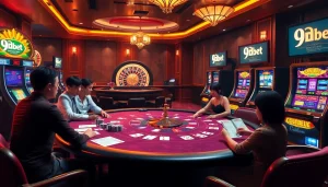 Experience thrilling casino action with 9Dbet's poker table, roulette, and vibrant slot machines.