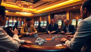 High-stakes poker game at Hi88 Bet with poker chips and vibrant slot machines.