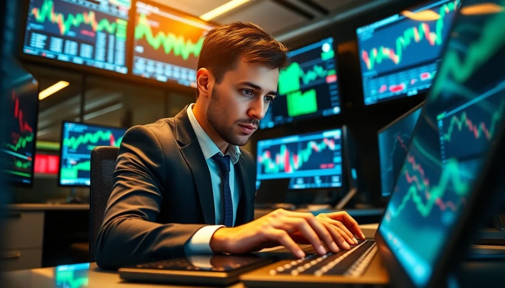 Trader using hotforex mt4 on multi-screen setup to analyze market trends.