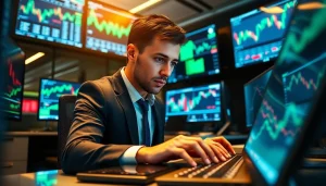 Trader using hotforex mt4 on multi-screen setup to analyze market trends.