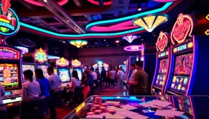 Players enjoying exciting slot machines with small bets in a vibrant casino atmosphere.