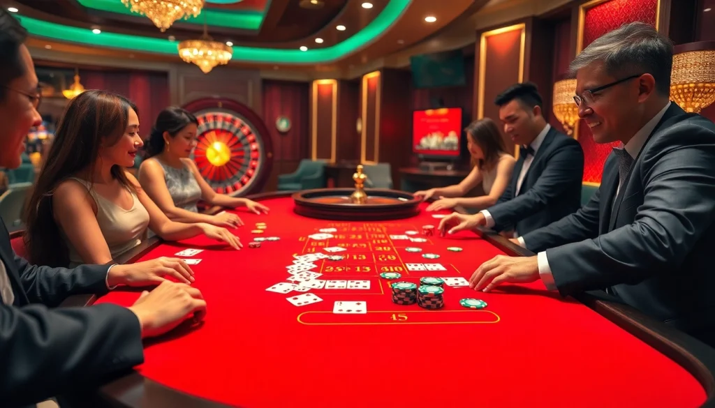 Exciting gambling scene illustrating Nhà Cái Uy Tín with players at a casino table engaged in blackjack.