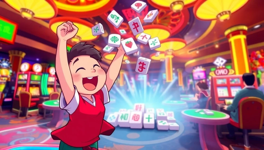 Nikmati kemeriahan Mahjong Ways 2 dengan simbol berwarna-warni dan suasana kasino yang menarik.