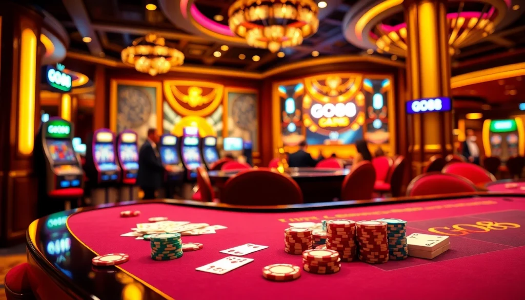 Engaged players at a luxurious GO88 casino table, experiencing excitement in a vibrant gambling environment.