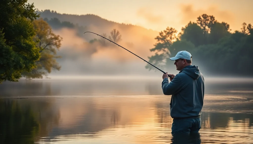 Angler engaged in fly fishing for bass at a tranquil lake during dawn.