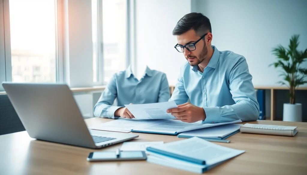 Professional translator engaged in beëdigde vertaling, analyzing official documents in a modern office setting.