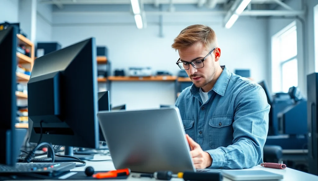Technician performing computer repair on a laptop in a bright workshop.