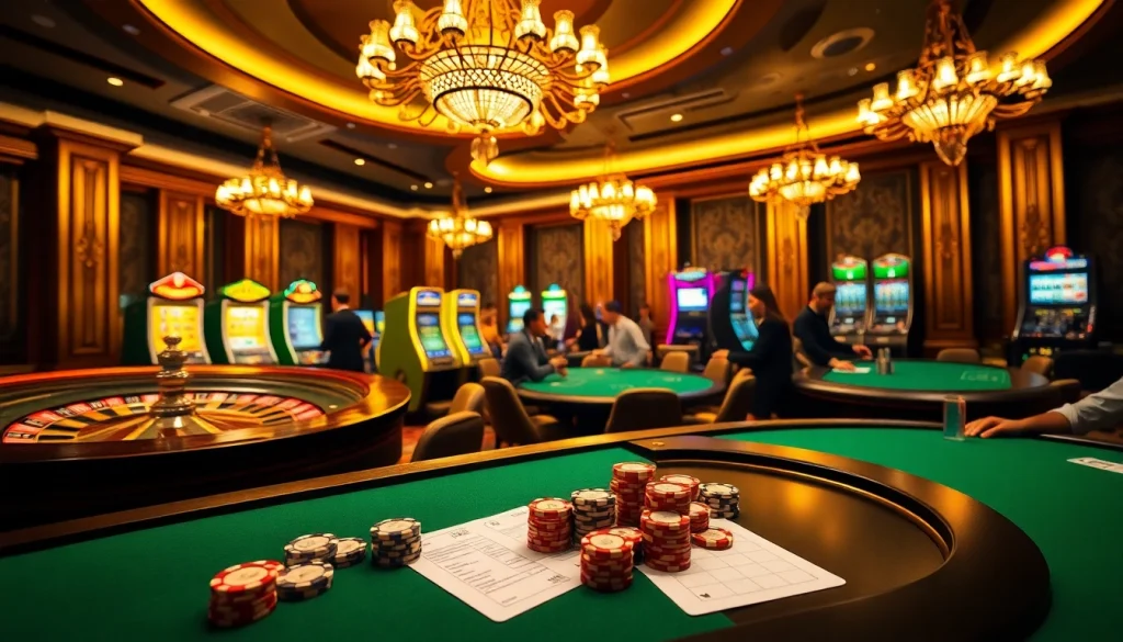 A vibrant scene showcasing a casino atmosphere with roulette, poker chips, and slot machines at https://go88com.dev/. Excitement abounds!