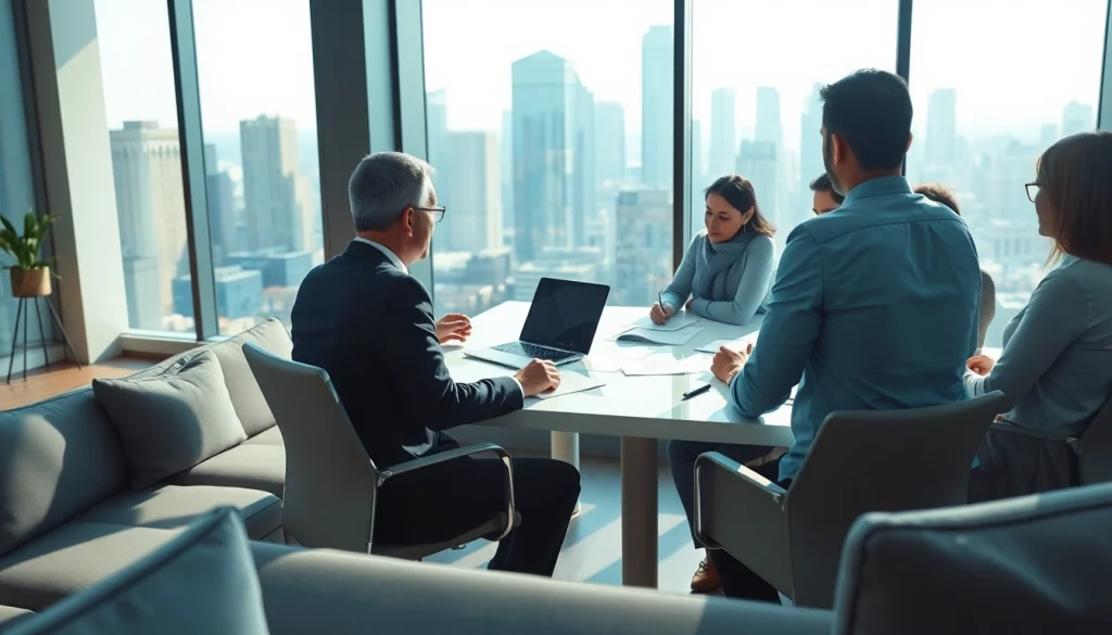 A crisis management consultant strategizing solutions with a team in a modern office.
