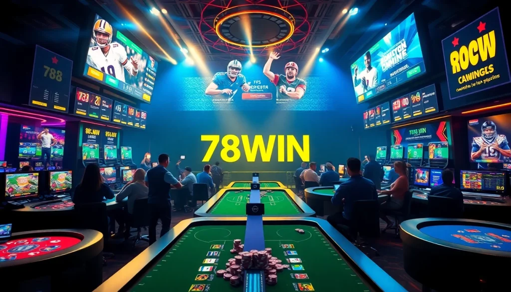 Dynamic scene of online betting with เจ้ามือรับแทง 78WIN, featuring excited players, vibrant games, and engaging digital displays.