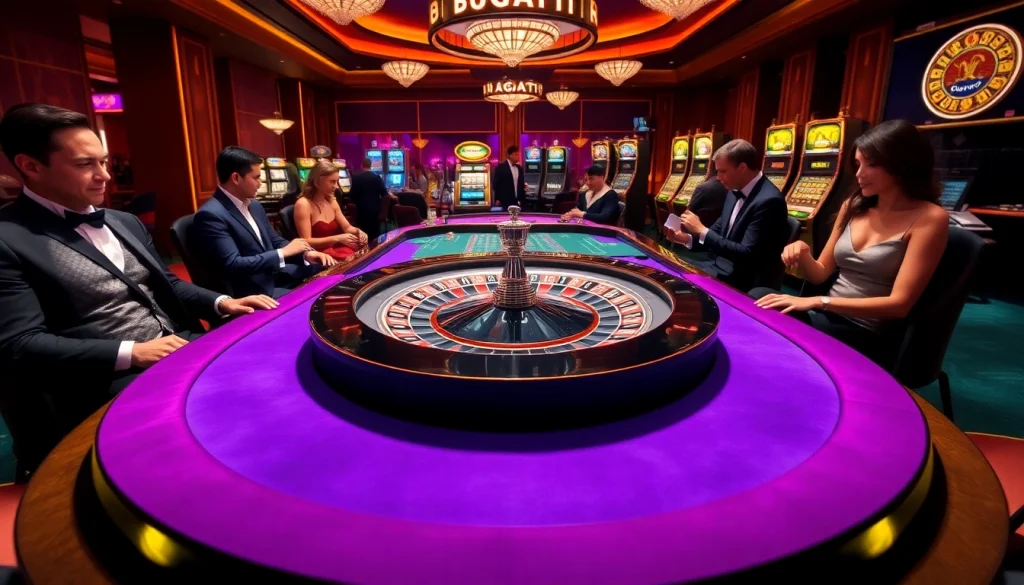 Players enjoying Bugatti8-themed games at a luxurious casino table with vibrant colors and excitement.