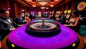 Players enjoying Bugatti8-themed games at a luxurious casino table with vibrant colors and excitement.