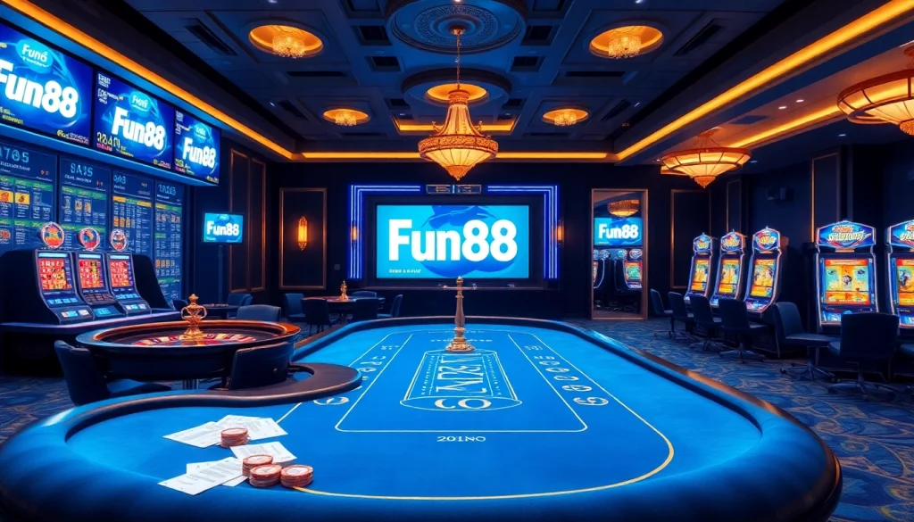 Experience the excitement of Fun88 with a vibrant casino scene showcasing betting slips and roulette wheels.