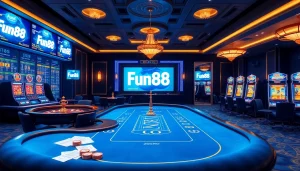 Experience the excitement of Fun88 with a vibrant casino scene showcasing betting slips and roulette wheels.