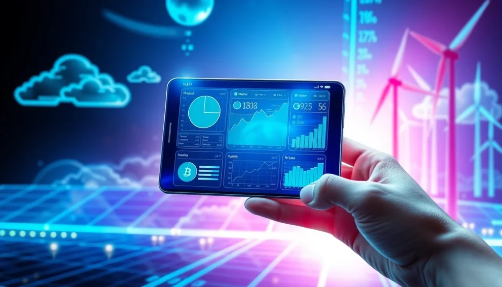 Crypto mining app interface showcasing real-time statistics and renewable energy sources.