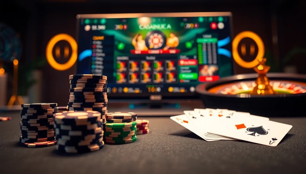Engage in thrilling gameplay at trang chủ s8 with a professional casino setup featuring poker chips and roulette.