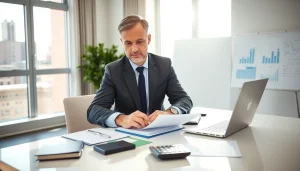 SMSF auditor reviewing financial documents in a modern office environment, illustrating professionalism and diligence.