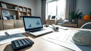 Księgowość dla firmy budowlanej w profesjonalnym biurze księgowego, prezentująca uporządkowane dokumenty finansowe i plany budowlane.