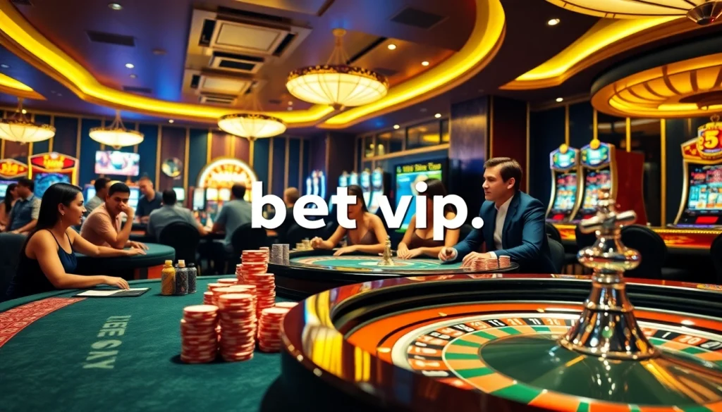 Trải nghiệm những trò chơi đầy cảm xúc tại sòng bạc sang trọng của Bet VIP với bàn poker sinh động và máy đánh bạc.