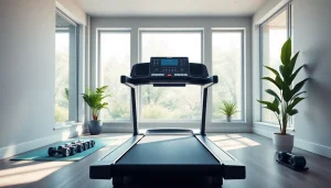 Home treadmill manufacturer showcasing a sleek treadmill in a vibrant home gym setup.