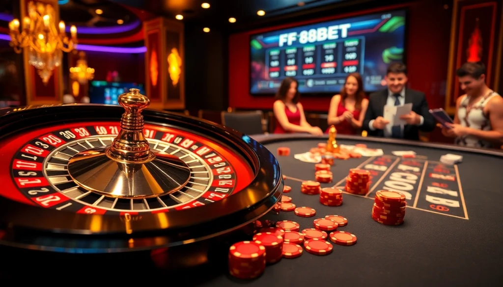 F8BET players excitedly engaged at a roulette table, showcasing thrilling casino action.