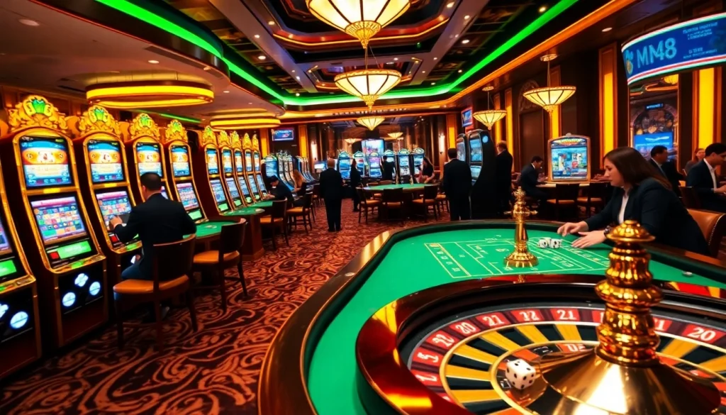 Enthusiastic players engaging with MM88's vibrant casino floor, featuring poker tables and slot machines.