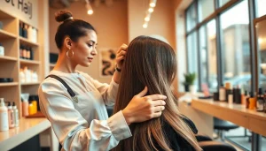 Coafat craiova: Professional hairdresser styling hair in a modern salon setting.