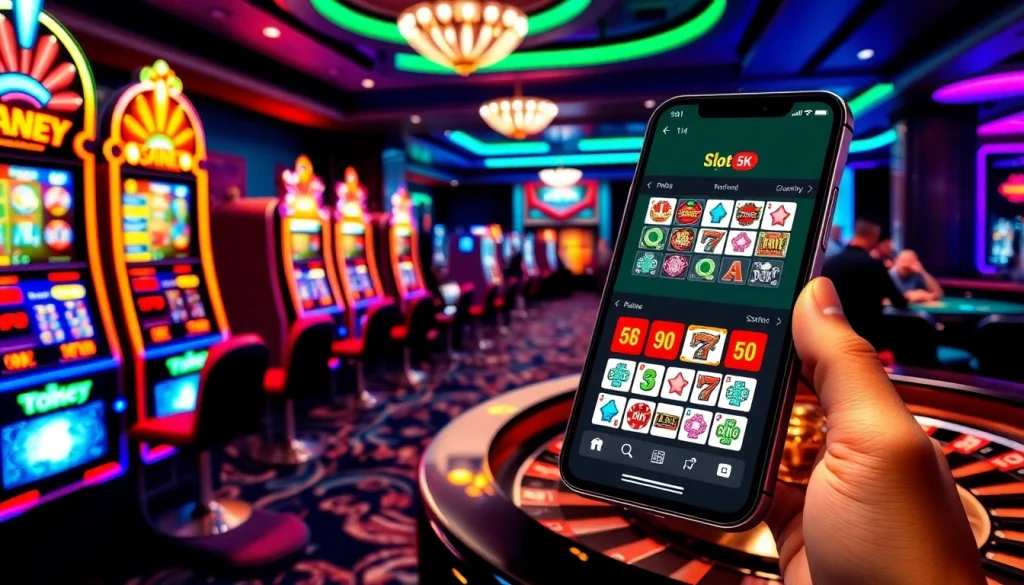 Rasakan sensasi bermain Slot Depo 5K di kasino mewah dengan mesin slot yang berwarna-warni dan pemain yang terlibat.