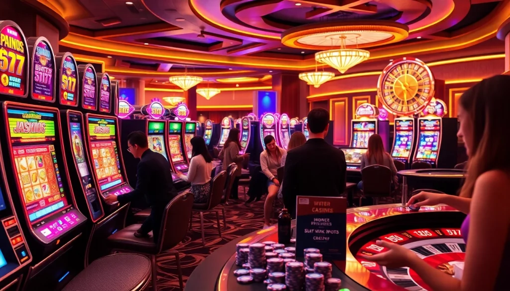 Experience the thrill of slot777 with exuberant players at vibrant slot machines in a luxurious casino.