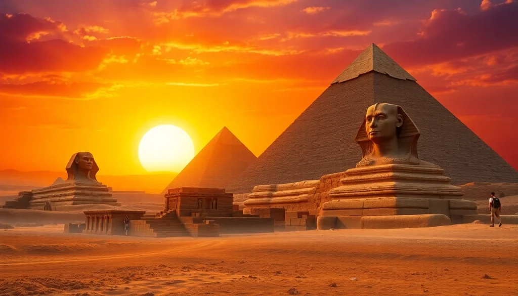 Pyramids in a stunning sunset with Sphinx showing the majesty of ancient piraminds.