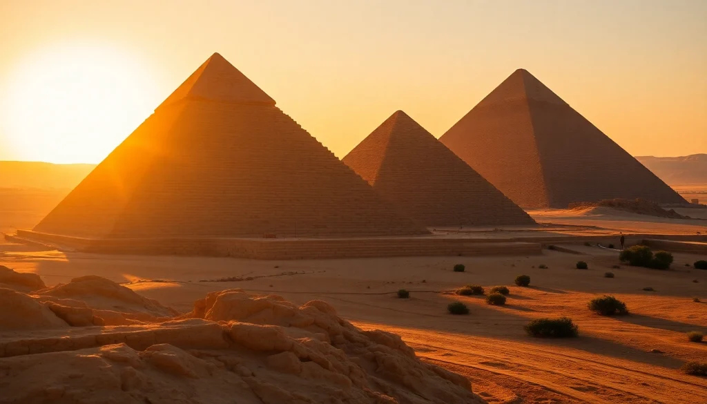 Capture the stunning pyraminds under a vibrant sunset glow, showcasing their ancient beauty.