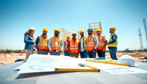 Workers from a construction association South Carolina collaborate on a building project.