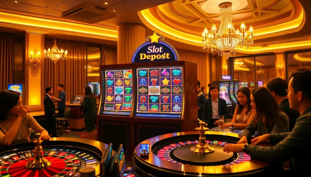 Berinteraksi dengan slot deposit pulsa di kasino yang dinamis dengan mesin slot yang elegan dan pemain yang antusias.