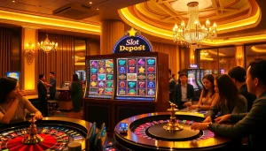 Berinteraksi dengan slot deposit pulsa di kasino yang dinamis dengan mesin slot yang elegan dan pemain yang antusias.