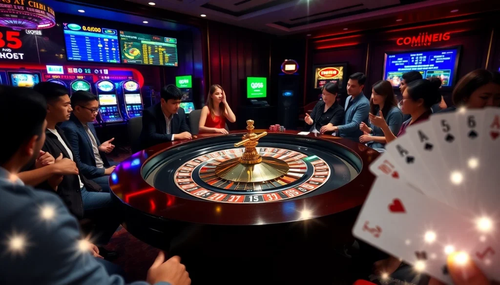 Excited players engaging at the roulette table in the lively Trang chủ QQ88 casino scene.