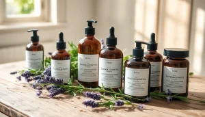 Ekologiska kosmetika natūralūs produktai tarp šviežių žolelių ingredientų