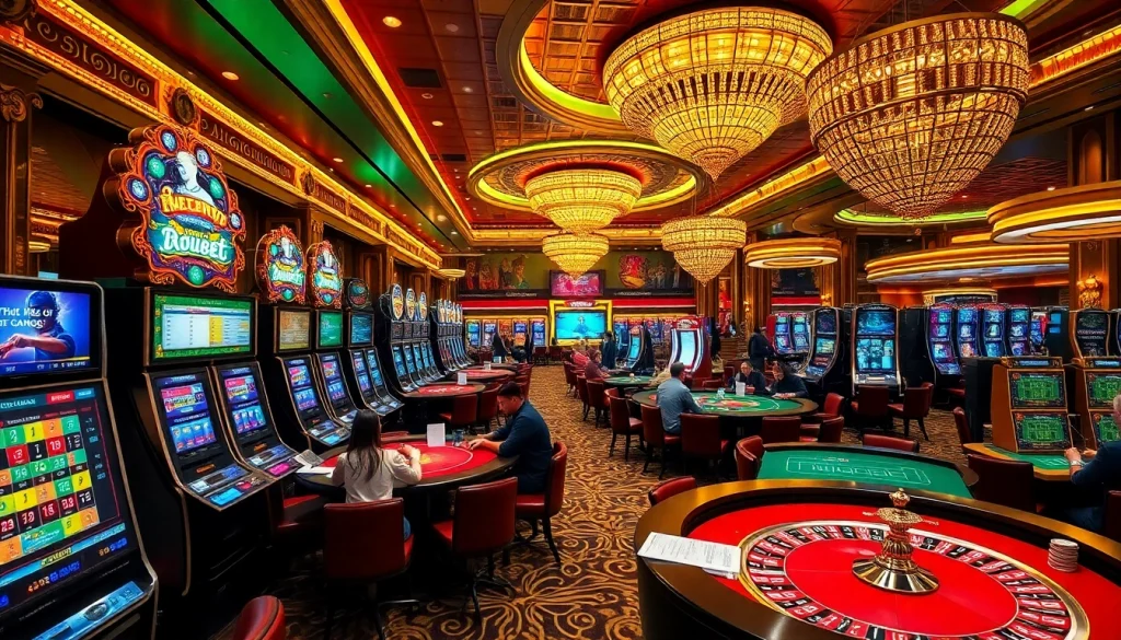 Gamblers enjoying the vibrant atmosphere at nhà cái mm88, surrounded by casino tables and slot machines.