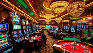 Gamblers enjoying the vibrant atmosphere at nhà cái mm88, surrounded by casino tables and slot machines.